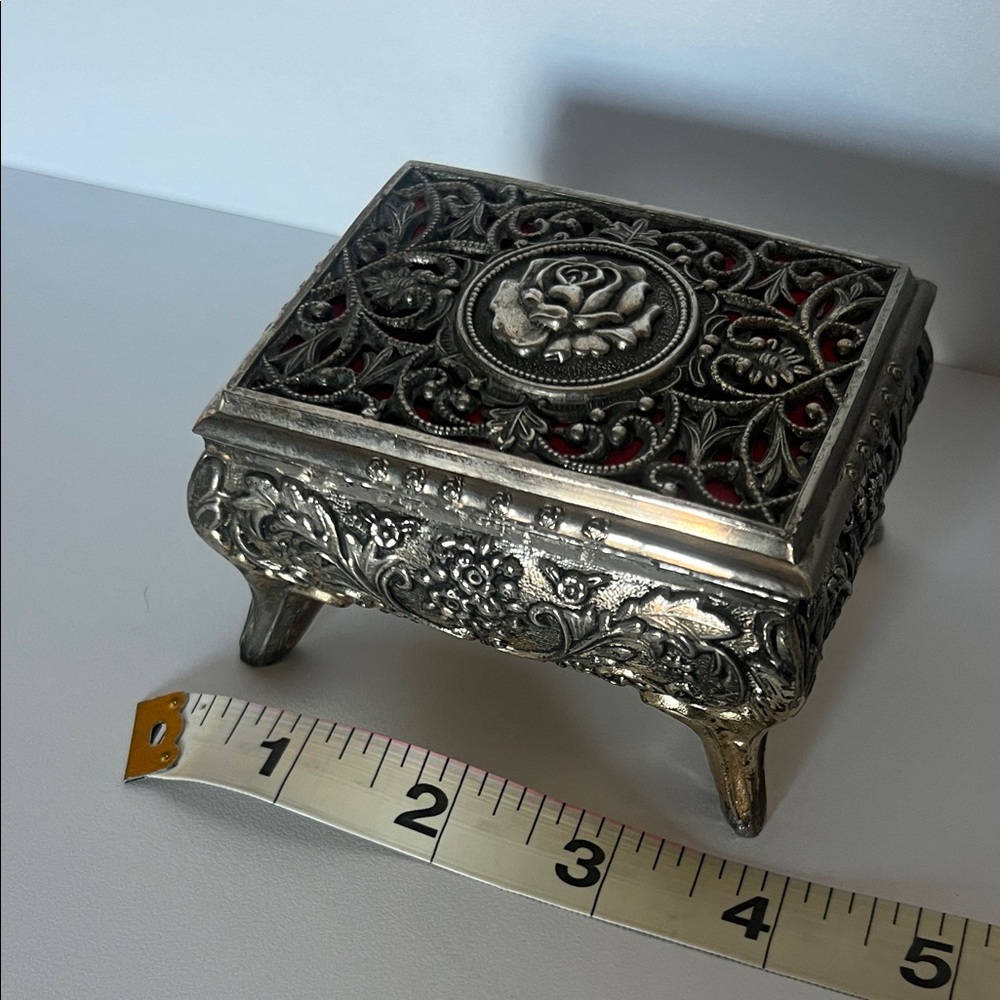Vintage Metal Silver Jewelry Box with Red Lining